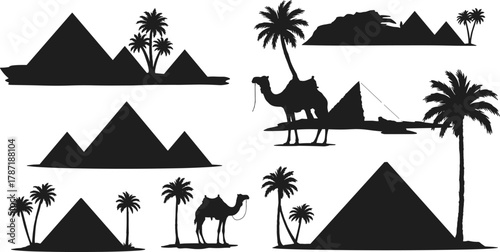 Desert silhouette, pyramid vector, camel illustration, palm tree drawing, Egypt scene, rocky terrain, tent icon, cad drawing flat vector illustration
