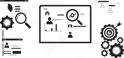 Data analysis, user profiling, system optimization, dashboard icons, gear symbol, magnifying glass, business strategy, black vector, flat design, illustration