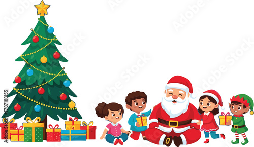 Christmas celebration, Santa Claus, children with gifts, decorated tree, festive holiday, winter clothing, elf character, joyful moment, seasonal scene, happy gathering