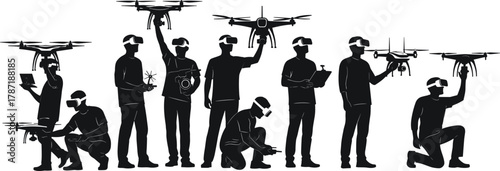 Drone operator silhouette, virtual reality headset, quadcopter control, immersive technology, black and white vector, tech interaction, futuristic scene, teamwork