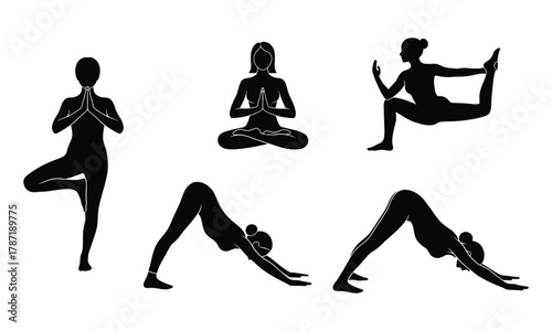 Silhouette yoga poses collection including tree pose lotus pose and downward facing dog