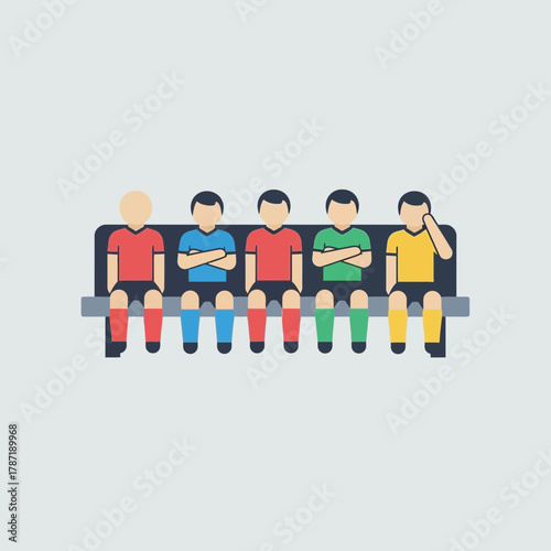 Five figures in colorful jerseys sit on a bench.