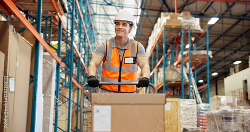 Foto Logistics, trolley and man in warehouse with package, shipment prep or inventory management in delivery