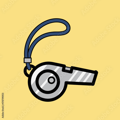 Silver whistle with lanyard on yellow background