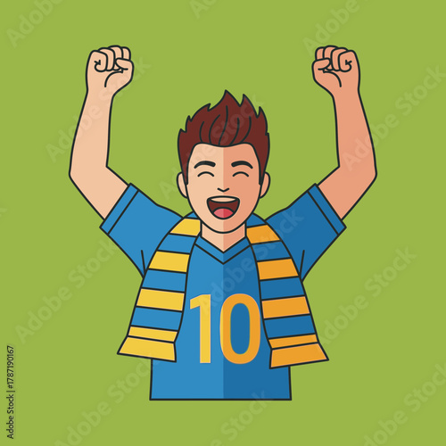 Excited fan with arms raised wearing a scarf and jersey.