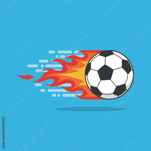 Soccer ball with flames trailing on blue background.