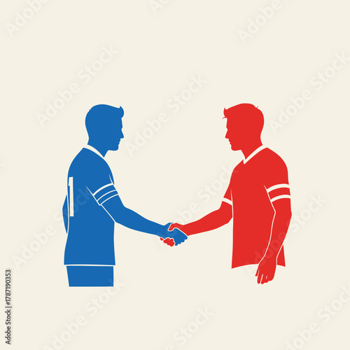 Two figures in silhouette shake hands in a stylized manner.