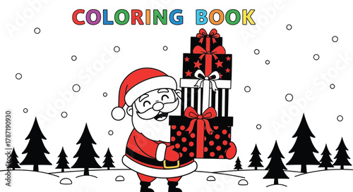 Santa coloring page with gifts and winter forest for holiday fun
