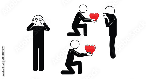 Stick figures offer love hearts, one is shy, relationship concept