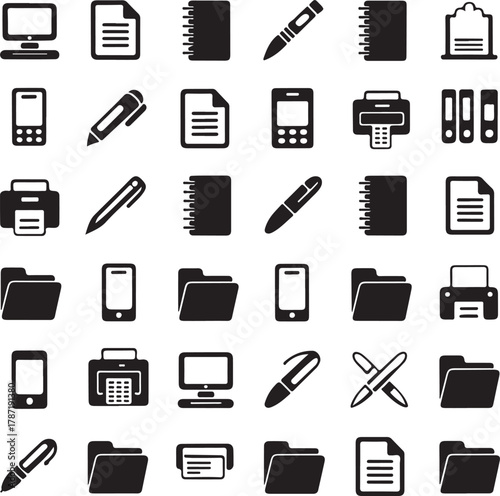 Office Equipment Silhouette Vector Bundle | Stationery & Work Tools Black Icons | Computer, Notebook, Pen Vector Illustration