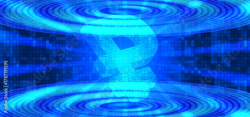 Vector high technological 3D wide banner. Digital ruble. Russian Federation. Pixels, laser glow circles. State cryptocurrency. Central bank electronic programing money. Russia