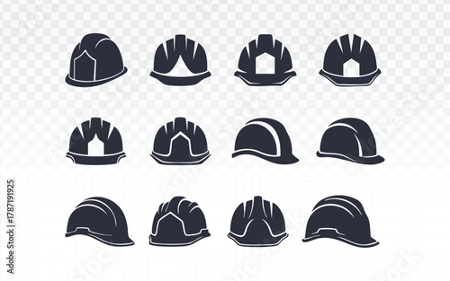 Set of twelve dark gray construction hard hat icons shown from multiple angles and styles. Strong industrial safety symbols suited for engineering, maintenance, safety training, and building industry 