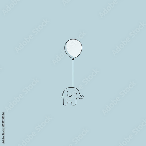 Tiny blue elephant holding white balloon cute vector minimalist illustration