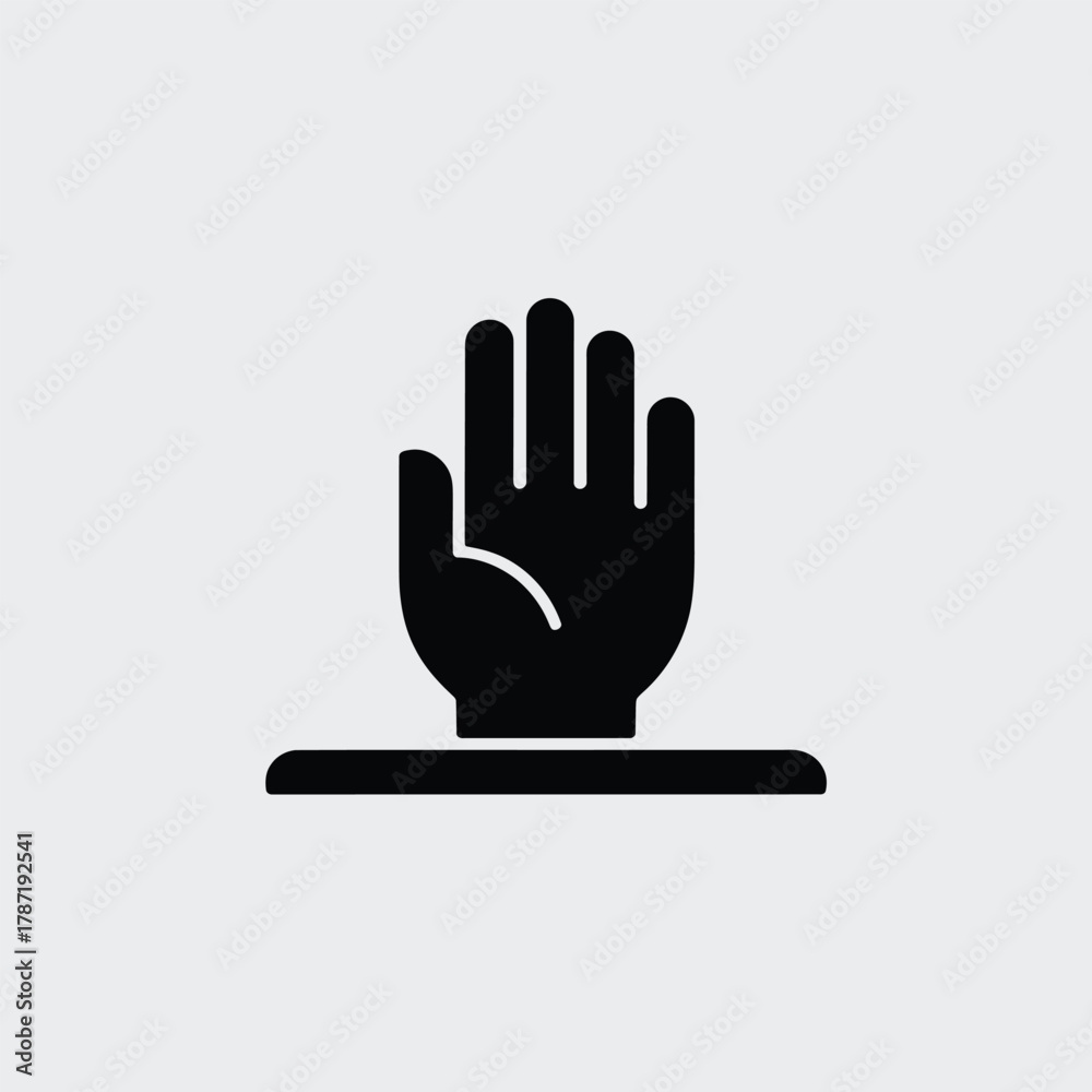 Obraz premium Black hand raised stop gesture icon on white background Keywords: hand, stop, gesture, sign