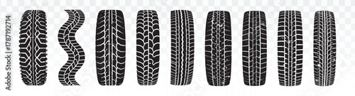 Vector set of nine black tire tread patterns featuring mud, snow, and all-weather designs. Monochrome industrial elements ideal for automotive branding, repair services, racing themes, and off-road 