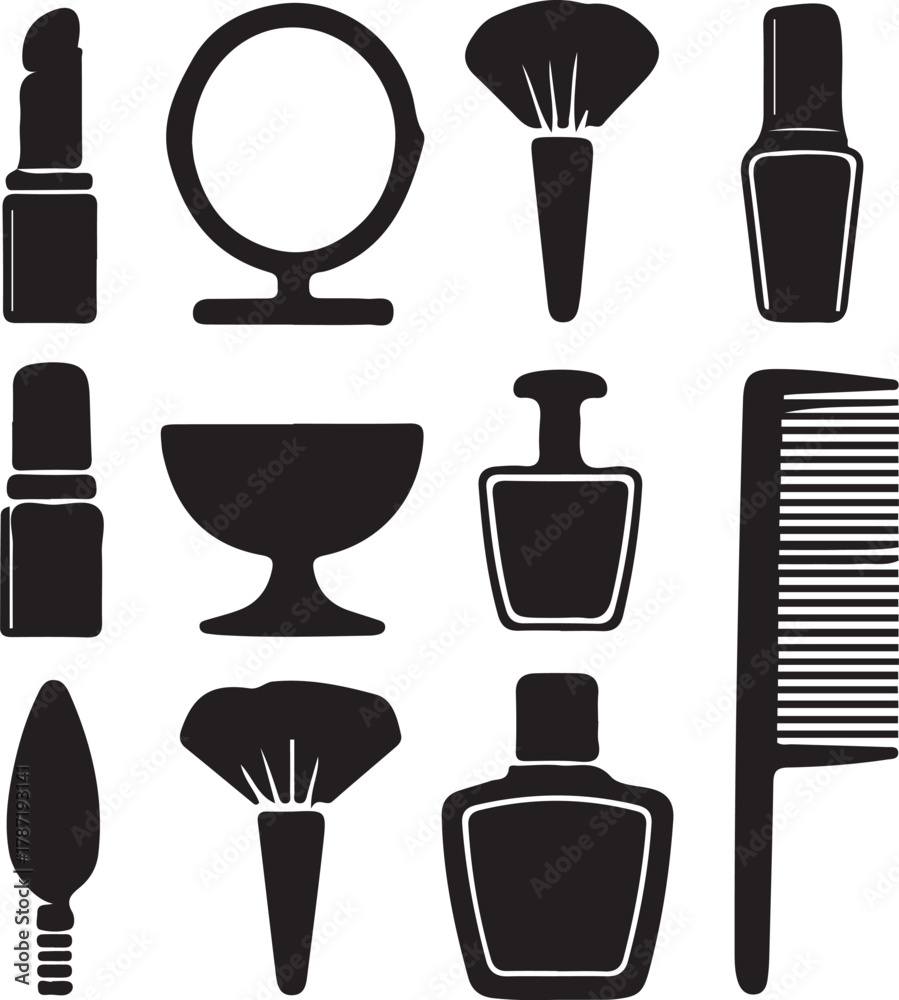 Fototapeta premium Beauty and Makeup Silhouette Vector Bundle | Cosmetics, Perfume, Nail Polish Icons | Black Vector