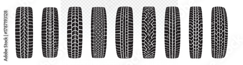 Vector set of nine black tire tread patterns featuring mud, snow, and all-weather designs. Monochrome industrial elements ideal for automotive branding, repair services, racing themes, and off-road 