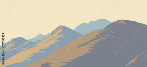 Layered mountain peaks in a retro muted palette of beige, taupe, and slate blue. Flat, stylized landscape ideal for travel, adventure themes, outdoor recreation graphics, posters,
