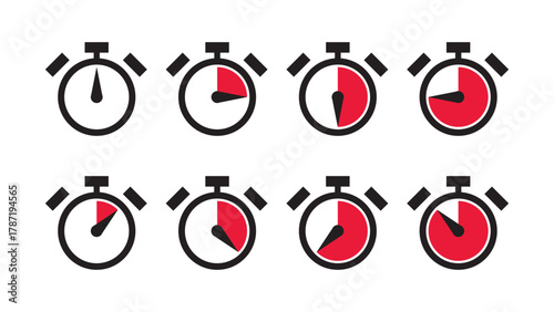 Stopwatch Timer Icons Vector Set. Measurement of Time, Deadline, and Countdown Symbols