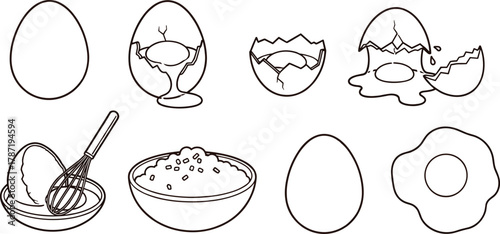 egg preparation vector, cooking process illustration, kitchen ingredient icons, flat food stages, recipe step graphics, cad drawing flat vector illustration