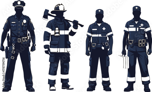 emergency service vector, police firefighter paramedic, public safety illustration, flat uniform icons, rescue team graphics, cad drawing flat vector illustration