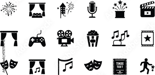 Entertainment icons, theater symbols, music elements, film vector set, gaming illustration, flat style, black silhouette, creative design, isolated, minimal