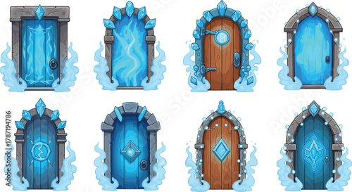 Fantasy ice magic doors, glowing blue portal entrances, mystical crystal gateways, frosty enchanted architecture, winter realm access, vector illustration