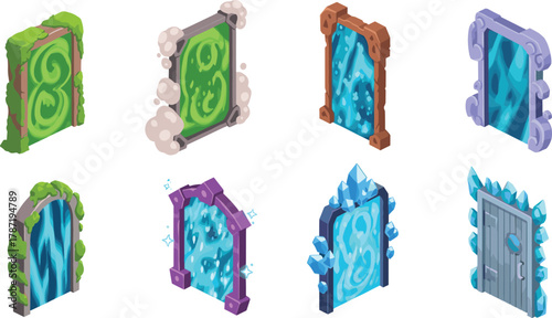 fantasy door vector, magical portal illustration, enchanted gateway icons, flat mystical design, game asset art, cad drawing flat vector illustration