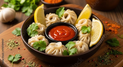 Delicious Steamed Momos Served With Spicy Dipping Sauce And Lemon Wedges