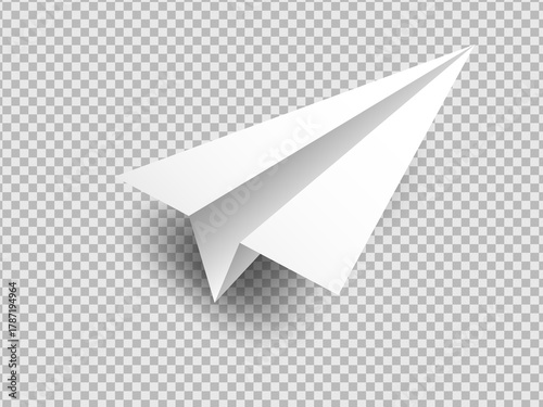Realistic Paper Airplane Vector Mockup. 3D Origami Plane with Shadow on Transparent Background