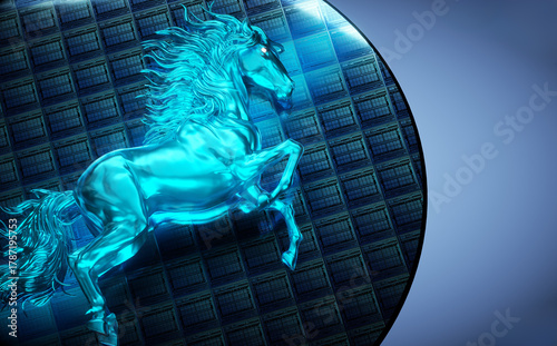 A galloping horse on a chip wafer for the Year of the Horse, rendered in 3D.