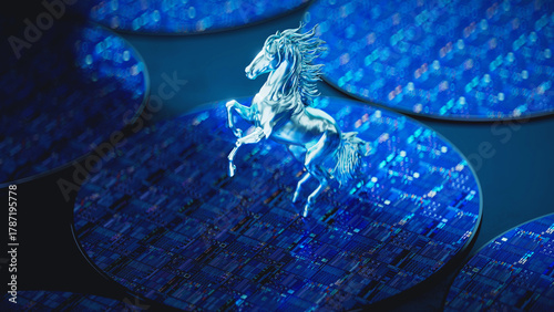 A galloping horse on a chip wafer for the Year of the Horse, rendered in 3D.