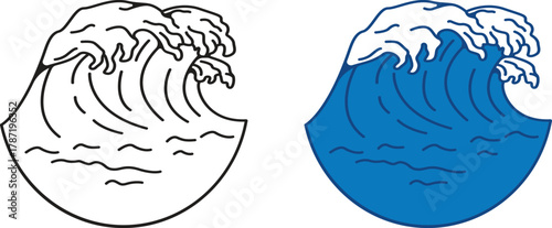 Dynamic Ocean Wave Icon Pair: Black Outline and Bold Blue Wave Illustration for Sea, Surf, and Nature Themes Vector Illustration