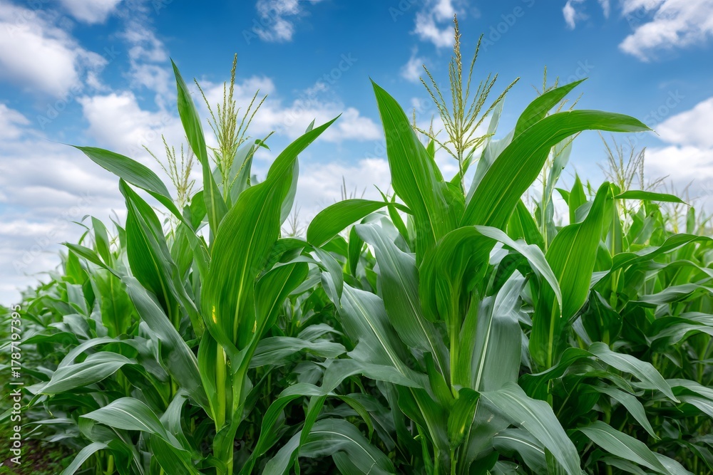Fototapeta premium Green corn field growing under blue summer sky