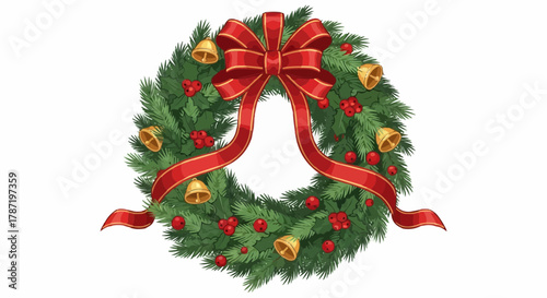 Vector illustration of a traditional winter Christmas wreath with a large red bow, golden bells, and holly berries on a white background