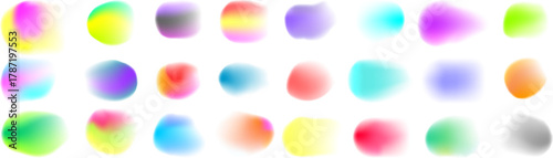 Set of soft colored gradient blend spots. Holographic abstract isolated blur spot.Vaporwave gradeint.Vector 3d chameleon y2k aura shape gradient texture. Colorful blurry dynamic brush stroke glow 