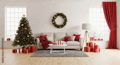 Festive Winter vector Christmas Tree, Wreath, and Gifts in Cozy Room