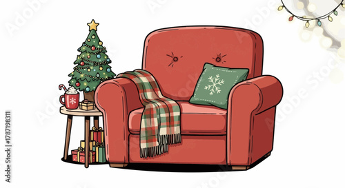 Cozy Red Armchair with Festive Christmas Tree and Gifts, Vector Illustration for Winter Holidays 2026