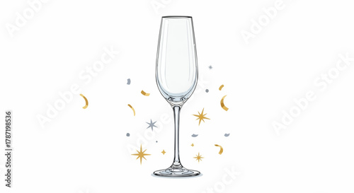 Elegant empty champagne flute with festive confetti for a winter new year 2026 celebration, vector illustration