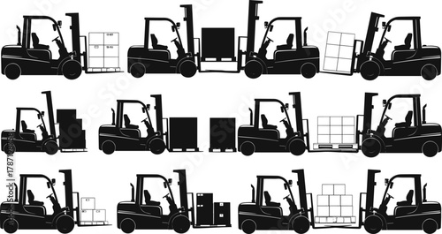Forklift silhouette icons, cargo lifting vector, warehouse logistics equipment, industrial transport tools, pallet handling illustration, black flat design elements