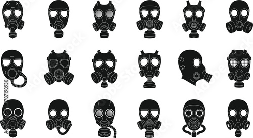 Gas mask silhouettes, protective gear, respirator icons, safety equipment, black vector, industrial design, emergency tools, cad drawing, flat illustration, set