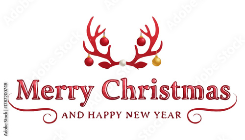 Red Merry Christmas lettering with Reindeer antlers horns with hanging ornaments. Great for holiday greeting cards, Christmas gift tags, posters, banners. vector file.