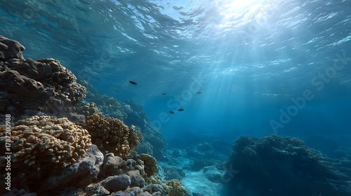Fototapeta Naklejka Na Ścianę i Meble -  Sunbeams pierce clear blue water illuminating a vibrant coral reef teeming with small fish