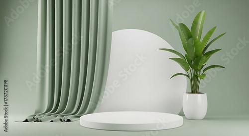 Minimalist Green Scene with Plant and Display Stand