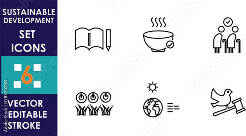 Set of six sustainable development vector icons showing education, food, community, environment, global climate, and peace with justice. Simple editable stroke line art design