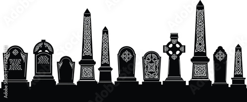 gravestone monument vector, cemetery silhouette illustration, memorial architecture icons, flat tombstone design, historic burial art, cad drawing flat vector illustration