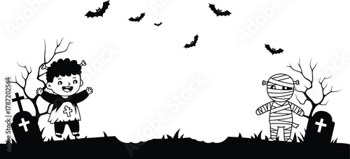 Halloween cartoon kids illustration, skeleton and mummy costume characters, spooky graveyard scene, bats flying, festive black and white vector drawing