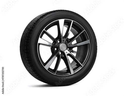 Close-up studio shot of a car wheel on a white background, angled slightly toward the viewer. The tire is black. The rim is black and silver