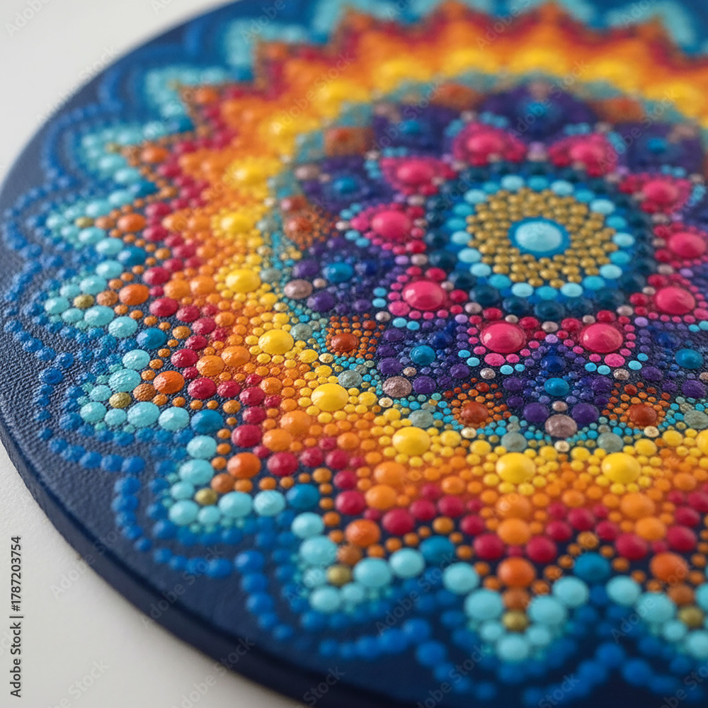 Obraz premium Detailed macro shot of a finished, colorful dot art mandala painting on a canvas, showing precise dot work. Created using generative AI tools