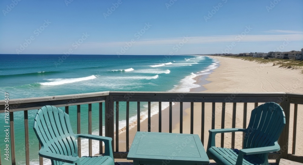 Fototapeta premium Serene Beachfront Balcony View with Adirondack Chairs and Ocean Waves, Sea, Coast, Coastline